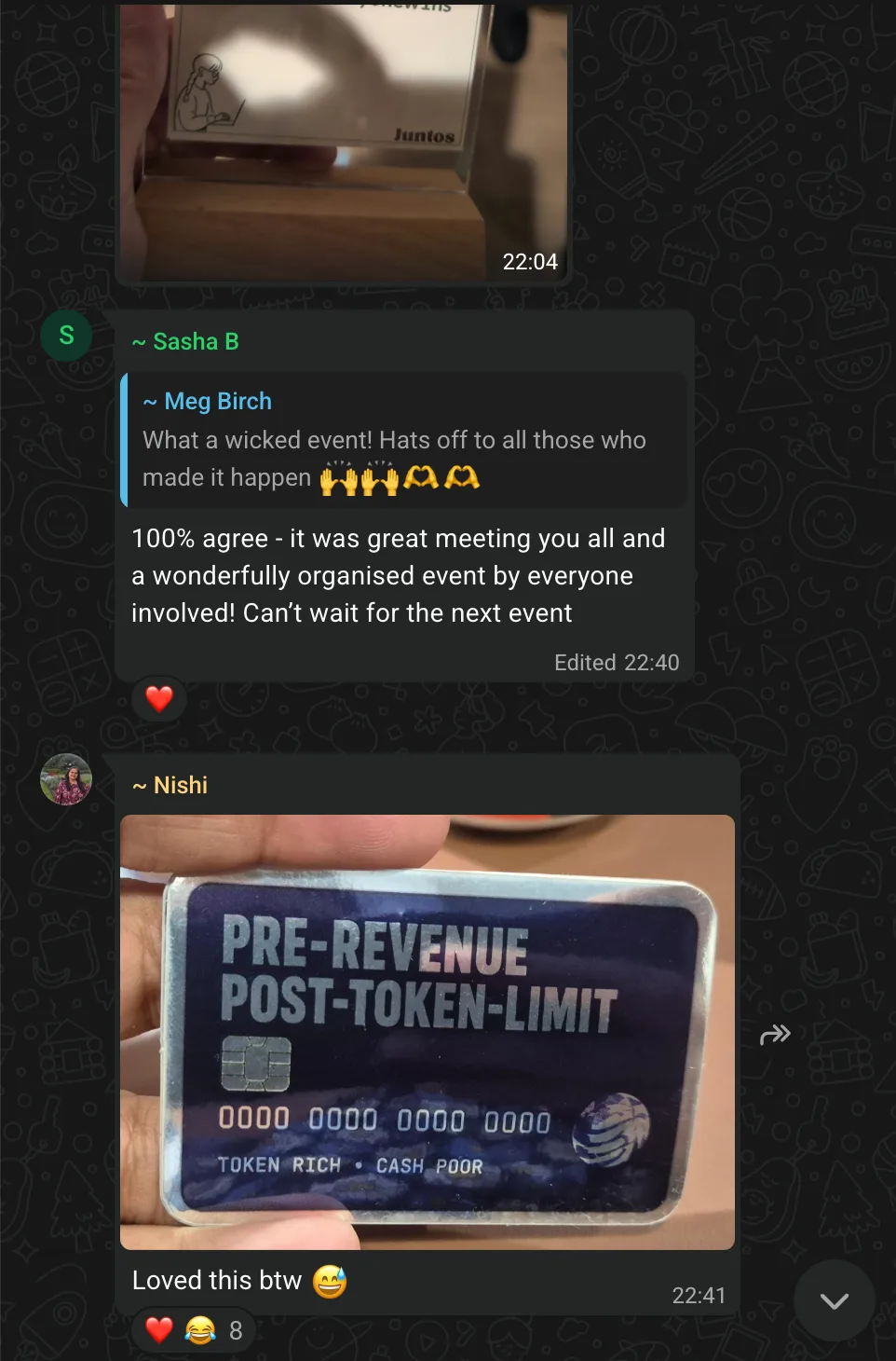 Attendee WhatsApp messages after Growth Night: 'What a wicked event!', 'Can't wait for the next event', and a photo of the sidething merch card
